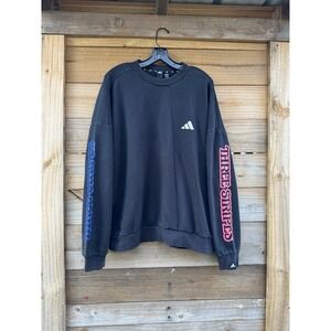 Adidas Three Stripes Black Sweatshirt With White Logo Words On Sleeves Size Larg